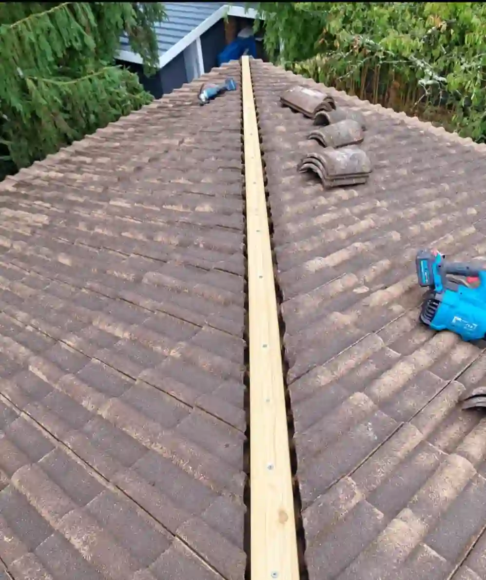 Faîtage remplacé par une pièce de bois neuve